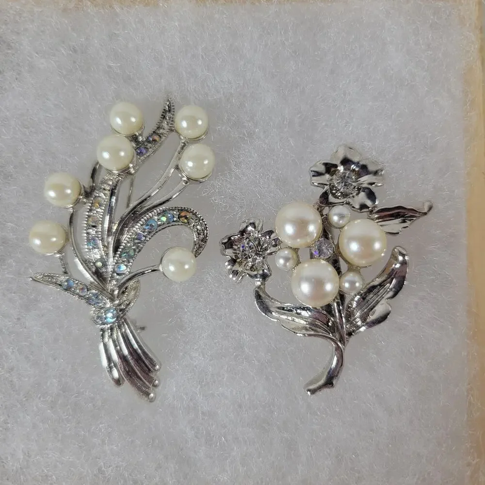 Set of 2 Silver Tone Classic Faux Pearl Floral Wheat Sheaf & Flowers Brooches